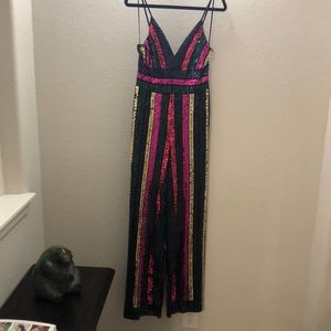 Sequined Multi-Color Jumpsuit w/ V-Neck & Low Back
